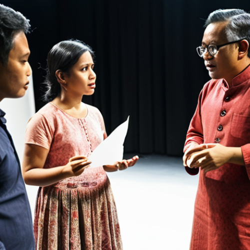 **Behind-the-scenes of a theatrical production:** Puan Sri Aishah Rahman, a seasoned theatre director, giving direction to a diverse cast during a rehearsal. Focus on the collaborative environment, emphasizing effective communication and mutual respect between the director and actors. Include elements of Malaysian culture in the set design or costumes. Lighting is warm and inviting.