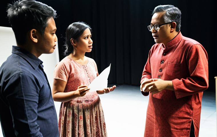 **Behind-the-scenes of a theatrical production:** Puan Sri Aishah Rahman, a seasoned theatre director, giving direction to a diverse cast during a rehearsal. Focus on the collaborative environment, emphasizing effective communication and mutual respect between the director and actors. Include elements of Malaysian culture in the set design or costumes. Lighting is warm and inviting.